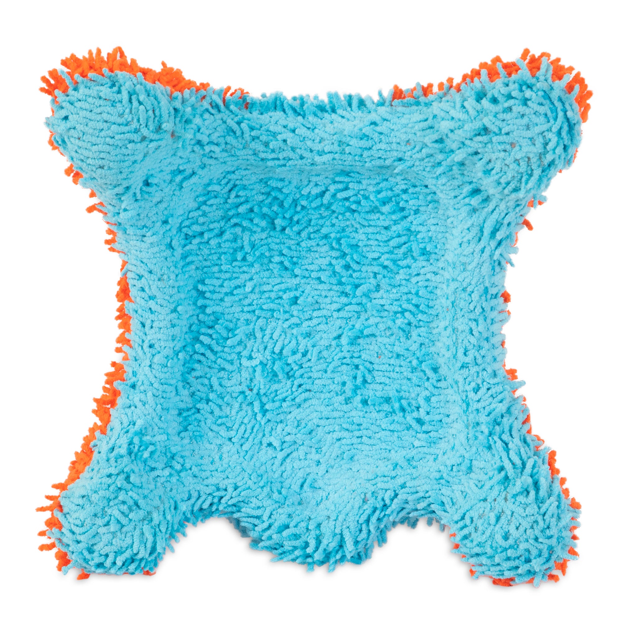 The Chuckit! Indoor Flying Squirrel features a square shape with fluffy blue chenille-like fabric, orange fringes, and protruding corners. Built with Bounceflex Core Technology by Chuckit for optimal comfort.