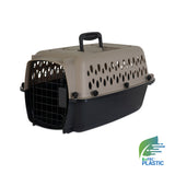 The Petmate All Purpose Kennel - Vari by Petmate is a beige and black pet carrier with a handle, ventilation holes, metal door, and EcoTEC Plastic logo—perfect for housebreaking or meeting airline travel requirements.