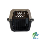 The Petmate All Purpose Kennel - Vari is a beige and black pet carrier with a metal grid door, shown from the front. The EcoTEC Plastic logo appears in the lower right. Its design and features meet many air travel requirements.