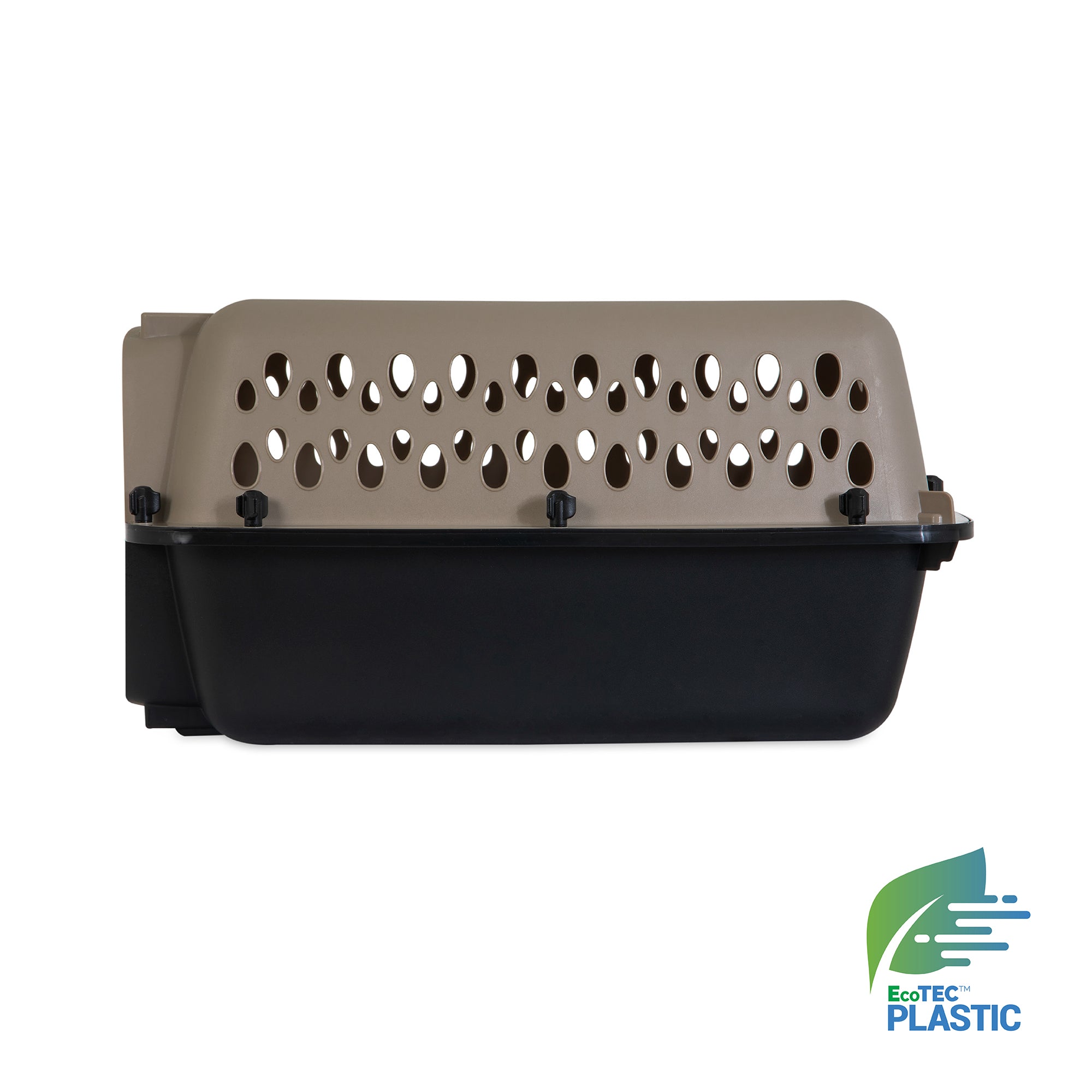 The Petmate All Purpose Kennel - Vari, a plastic pet carrier with a tan ventilated top and black base, is shown on a white background. The EcoTEC Plastic logo highlights its eco-friendly material, perfect for housebreaking or air travel.