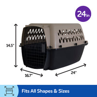 The Petmate All Purpose Kennel - Vari, in tan and black, measures 24L x 16.7W x 14.5H and features a secure black metal mesh door—ideal for housebreaking or meeting air travel needs for pets of various sizes.