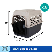 The Petmate All Purpose Kennel - Vari by Petmate is a tan and black pet carrier with mesh door, measuring 32 x 22.5 x 24. Ideal for housebreaking or air travel. Blue circle displays 32 in. Fits pets of various sizes.