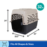 The Petmate All Purpose Kennel - Vari by Petmate is a tan and black pet carrier with mesh door, measuring 32 x 22.5 x 24. Ideal for housebreaking or air travel. Blue circle displays 32 in. Fits pets of various sizes.