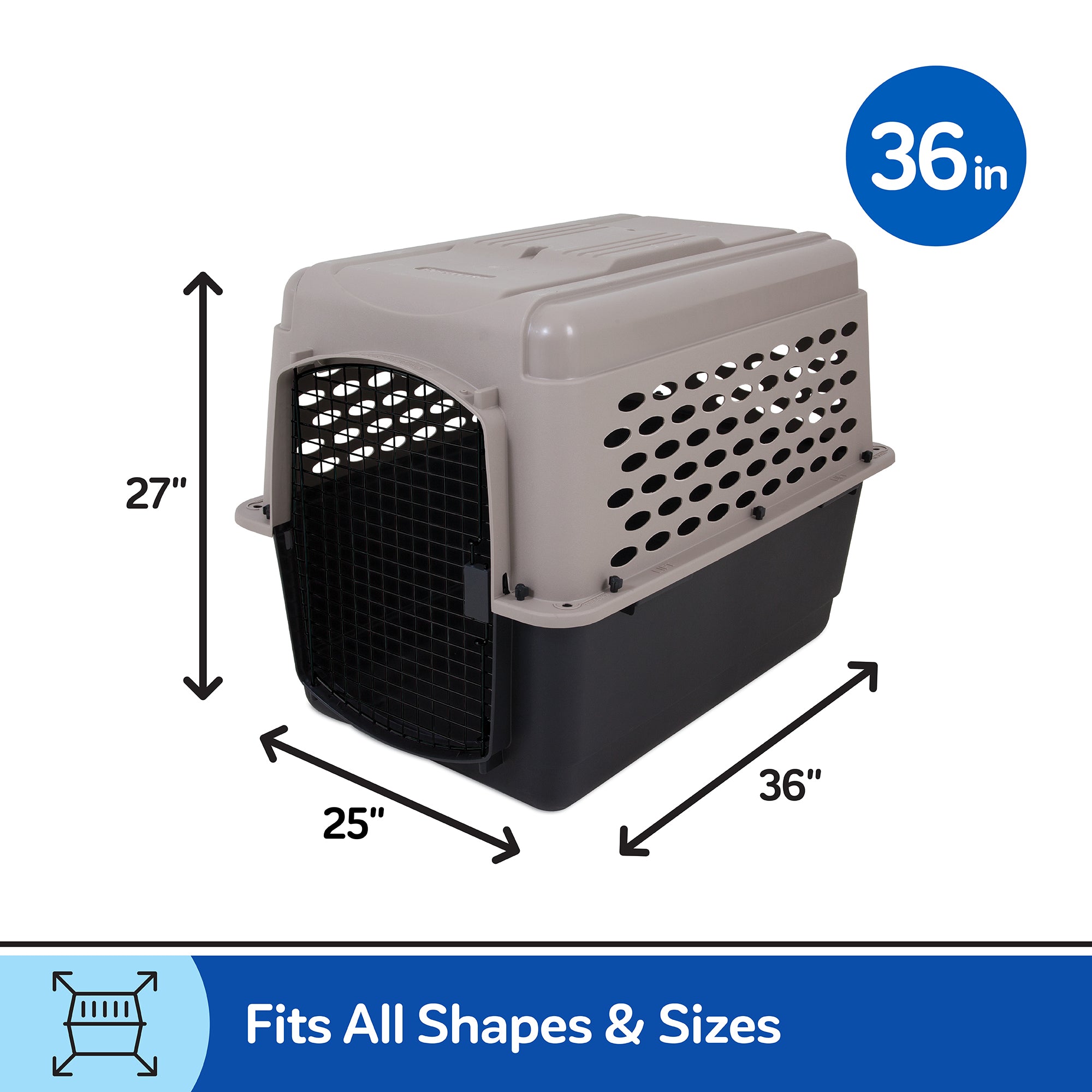 The Petmate All Purpose Kennel - Vari by Petmate is a large, two-toned gray and black crate with a wire door, measuring 36x25x27. Fits all shapes & sizes. 36 in. Ideal for housebreaking or meeting most air travel needs.