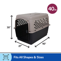 The Petmate All Purpose Kennel - Vari (40x27x30) by Petmate features a gray top, black base, metal door, and ventilation—perfect for housebreaking or most air travel. Fits All Shapes & Sizes appears at the bottom.