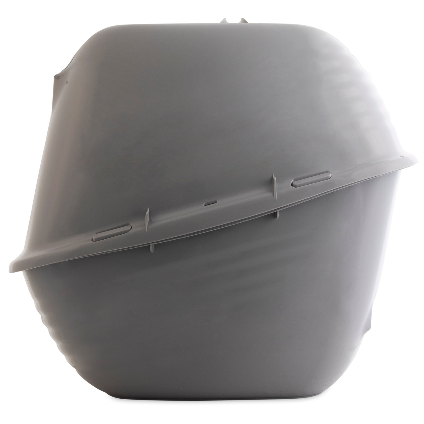A large, gray, dome-shaped plastic structure resembling an Arm & Hammer Hooded Wave Litter Box is shown against a white background. It features antimicrobial protection, a ridged exterior, and small ventilation slits for odor control.