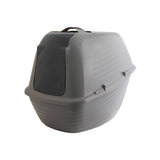 The Arm & Hammer Hooded Wave Litter Box by Arm and Hammer in gray features a sleek curved dome, dark flap door, antimicrobial protection, odor control, a top carrying handle, and side clasps for easy disassembly and cleaning.