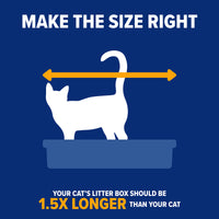 Illustration of a cat in a litter box with a yellow arrow indicating the boxs length should be 1.5 times the cats length. Text reads: Ensure proper sizing—your Arm & Hammer Hooded Wave Litter Box should be 1.5x longer than your cat for optimal space and odor control.