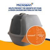 The gray Arm & Hammer Hooded Wave Litter Box is displayed. Above, text states Prevents stain & odor-causing bacteria growth in the pan. An orange circle depicts bacteria with Microban and Unprotected Surface, showcasing its antimicrobial protection for effective odor control.