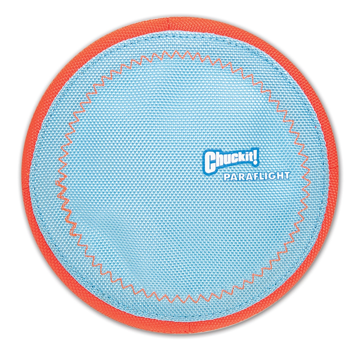 The Chuckit Paraflight Flyer Dog Toy, a round and blue fetch toy with an orange rim, offers endless aerodynamic fun.