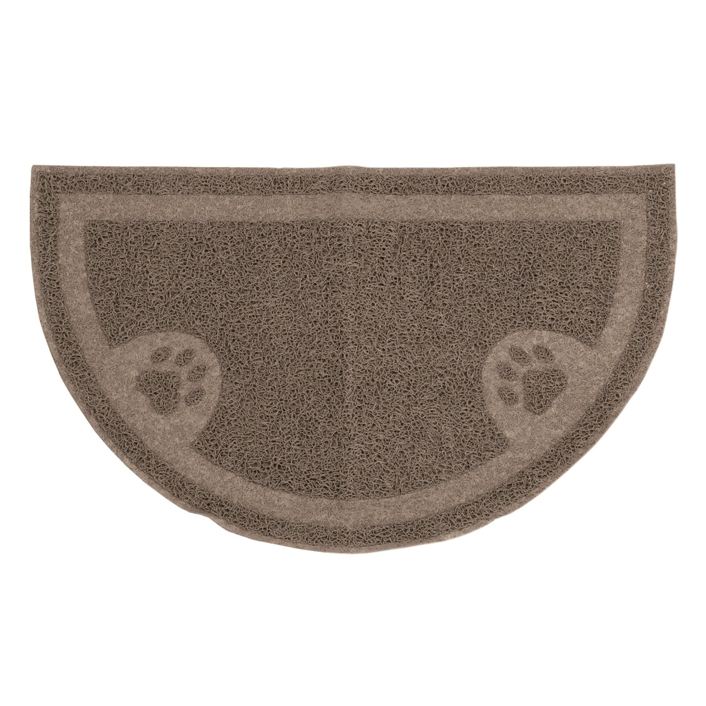 The Arm & Hammer Half Circle Litter Mat by Arm And Hammer features a semi-circular brown design with two paw prints and a textured surface to minimize litter scatter.