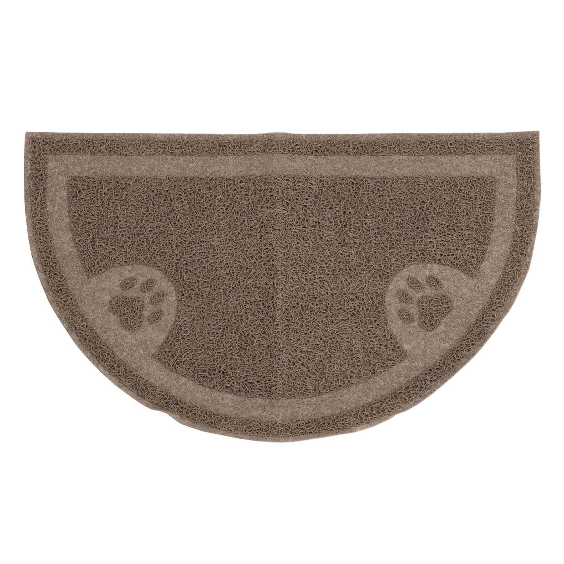 The Arm & Hammer Half Circle Litter Mat by Arm And Hammer features a semi-circular brown design with two paw prints and a textured surface to minimize litter scatter.