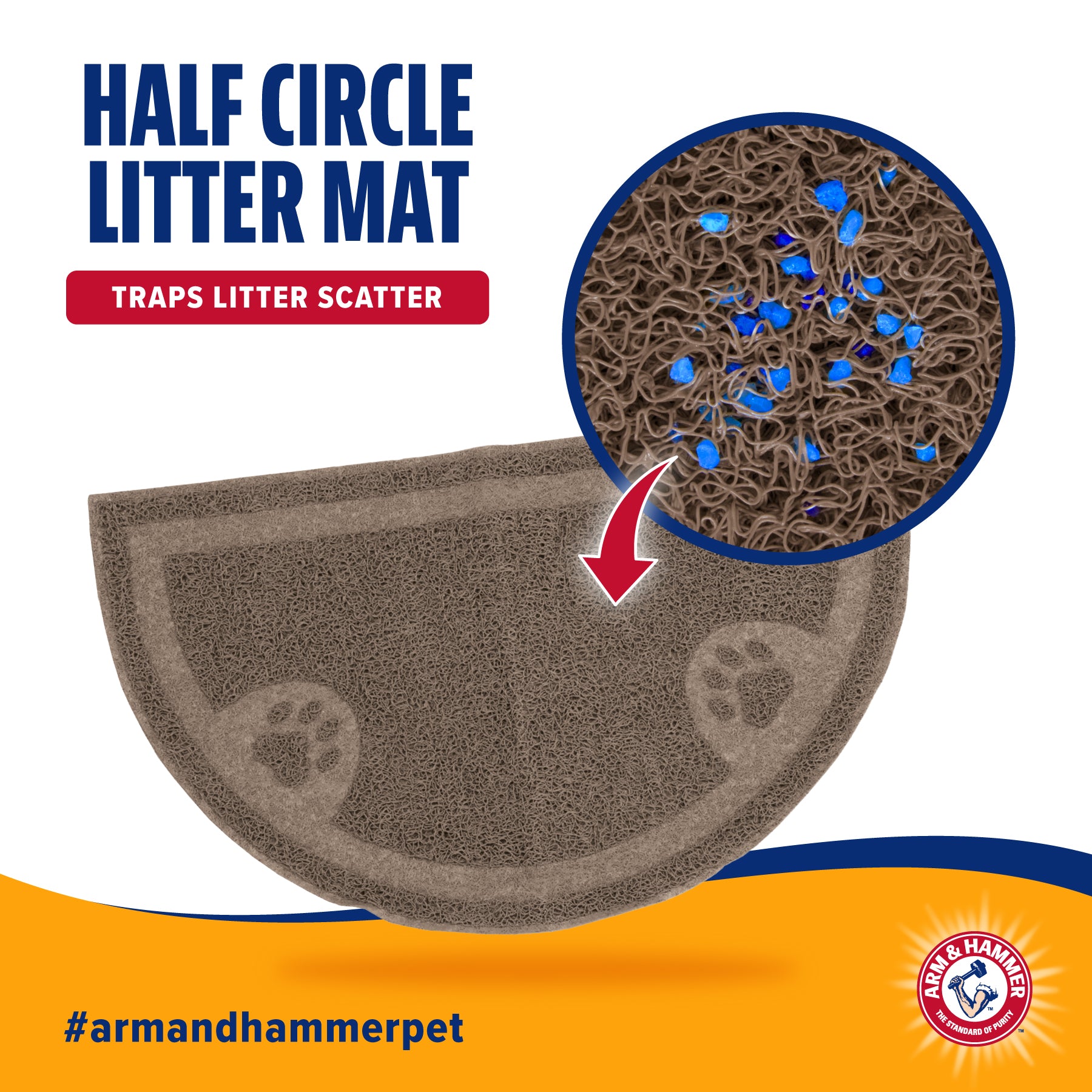 Experience cleanliness with the Arm & Hammer Half Circle Litter Mat. Its textured design effectively traps litter, shown by the close-up of blue pieces. The text highlights its purpose with a branded logo. #armandhammerpet.