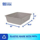 The Petmate Basic Litter Box by Petmate is a gray plastic storage bin measuring 15 W x 18.5 L x 5 H, crafted in the USA from EcoTech™ resin with 90% post-industrial recycled materials, and displays a recycling symbol.
