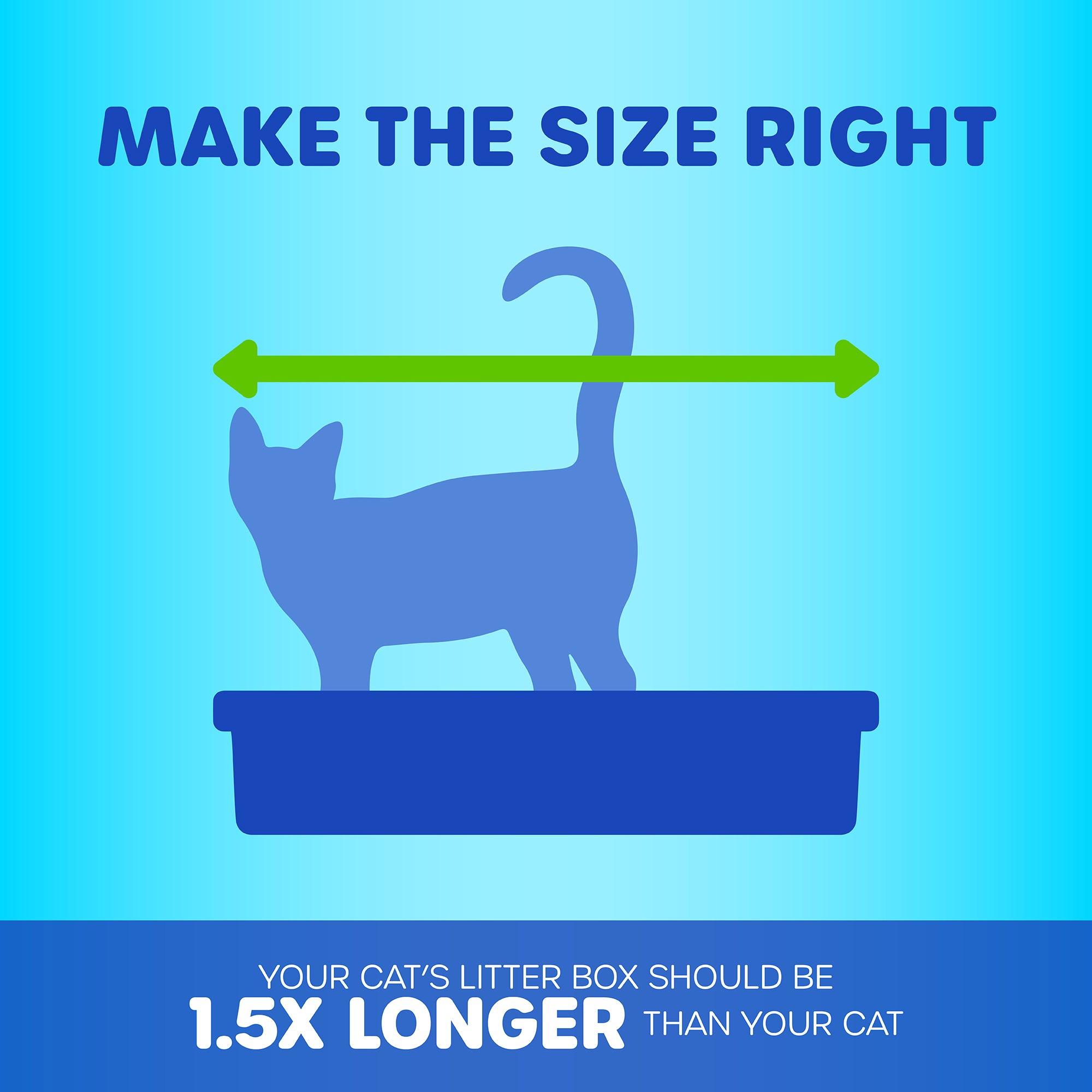 An illustration of a cat in an open-top Petmate Basic Litter Box by Petmate, with a green arrow indicating length. Text states: Make the size right and Your cats litter box should be 1.5x longer than your cat. Made with EcoTech™ resin on a blue gradient backdrop.