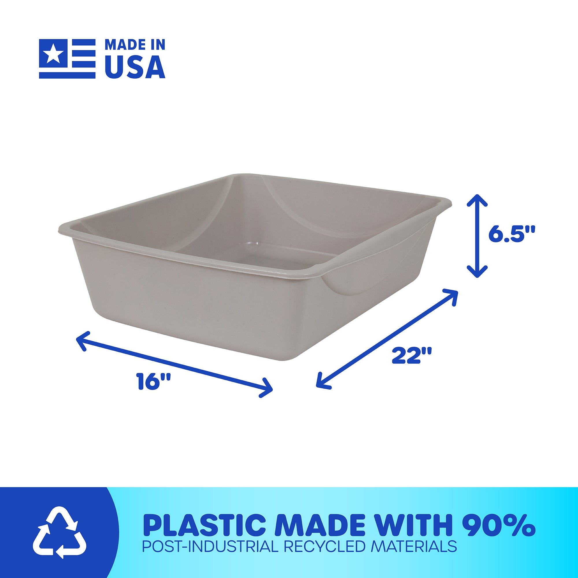 The Petmate Basic Litter Box, from the brand Petmate, is a beige rectangular container measuring 22 x 16 x 6.5. Made in the USA using EcoTech™ resin with 90% post-industrial recycled materials, it features an open-top design with a recycling symbol on the bottom left corner.