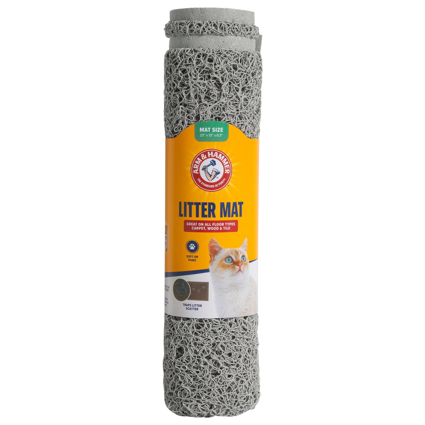 The Arm & Hammer Paws Litter Mat by Arm And Hammer is a durable gray rubber mat rolled into a cylinder, featuring a cat-labeled design. It offers easy cleaning and floor protection to prevent litter scatter.