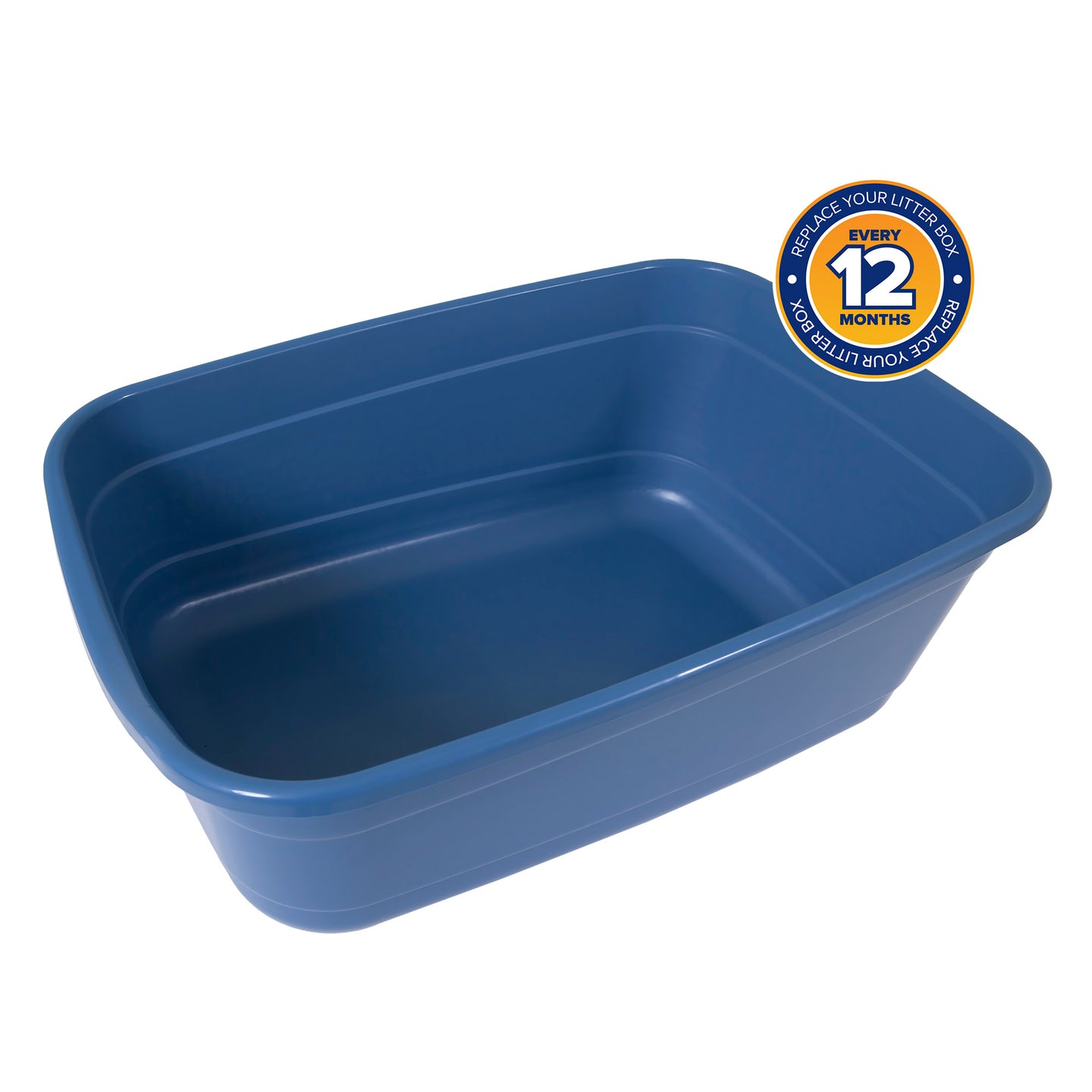 The Petmate Giant Litter Box by Petmate is large and rectangular, crafted from blue, odor-resistant plastic with rounded edges. A circular label on the top right corner suggests replacing it every 12 months.