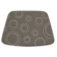 The Petmate Litter Mat Circles Design by Petmate is a light gray rectangular mat with rounded corners and features a stylish webbed pattern of overlapping circles. Made from rubberized material, it combines practicality with its textured surface, making it an ideal litter mat.