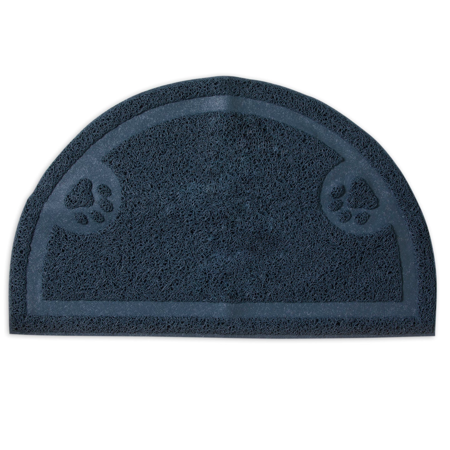 The Petmate Litter Catcher Mat 1/2 Circle by Petmate is a semi-circular, dark blue mat with a textured surface made from rubberized material. It includes two paw print designs at the top for decoration, making it suitable as a door or pet mat to reduce litter scatter.
