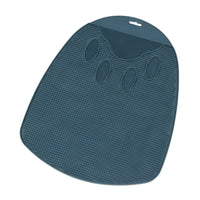 The Petmate Flexible Litter Mat from Petmate is a dark green, silicone pet grooming mat. It has a textured surface with four raised ovals resembling a paw print and includes a top hole for hanging, designed to minimize litter scatter.