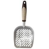 The Petmate Metal Litter Scoop is a heavy-duty aluminum cat litter scoop by Petmate, featuring an ergonomic grip in beige and brown, with a flat, rounded edge and diagonal slots for efficient sifting.