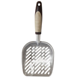 The Petmate Metal Litter Scoop is a heavy-duty aluminum cat litter scoop by Petmate, featuring an ergonomic grip in beige and brown, with a flat, rounded edge and diagonal slots for efficient sifting.