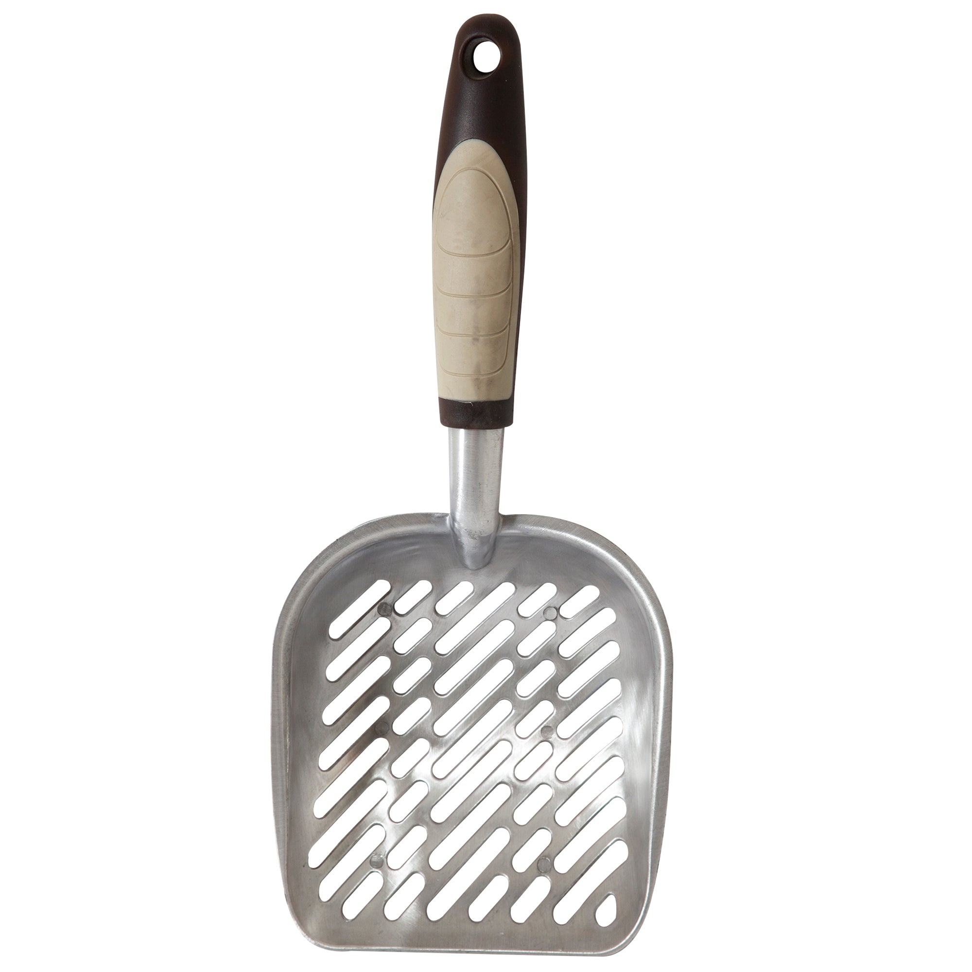 The Petmate Metal Litter Scoop is a heavy-duty aluminum cat litter scoop by Petmate, featuring an ergonomic grip in beige and brown, with a flat, rounded edge and diagonal slots for efficient sifting.