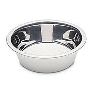 The Petmate Stainless Steel Bowl by Petmate is hygienic and rust-resistant, featuring a smooth, reflective surface with a wide rim and shallow depth. Its polished look stands out against a plain white background.