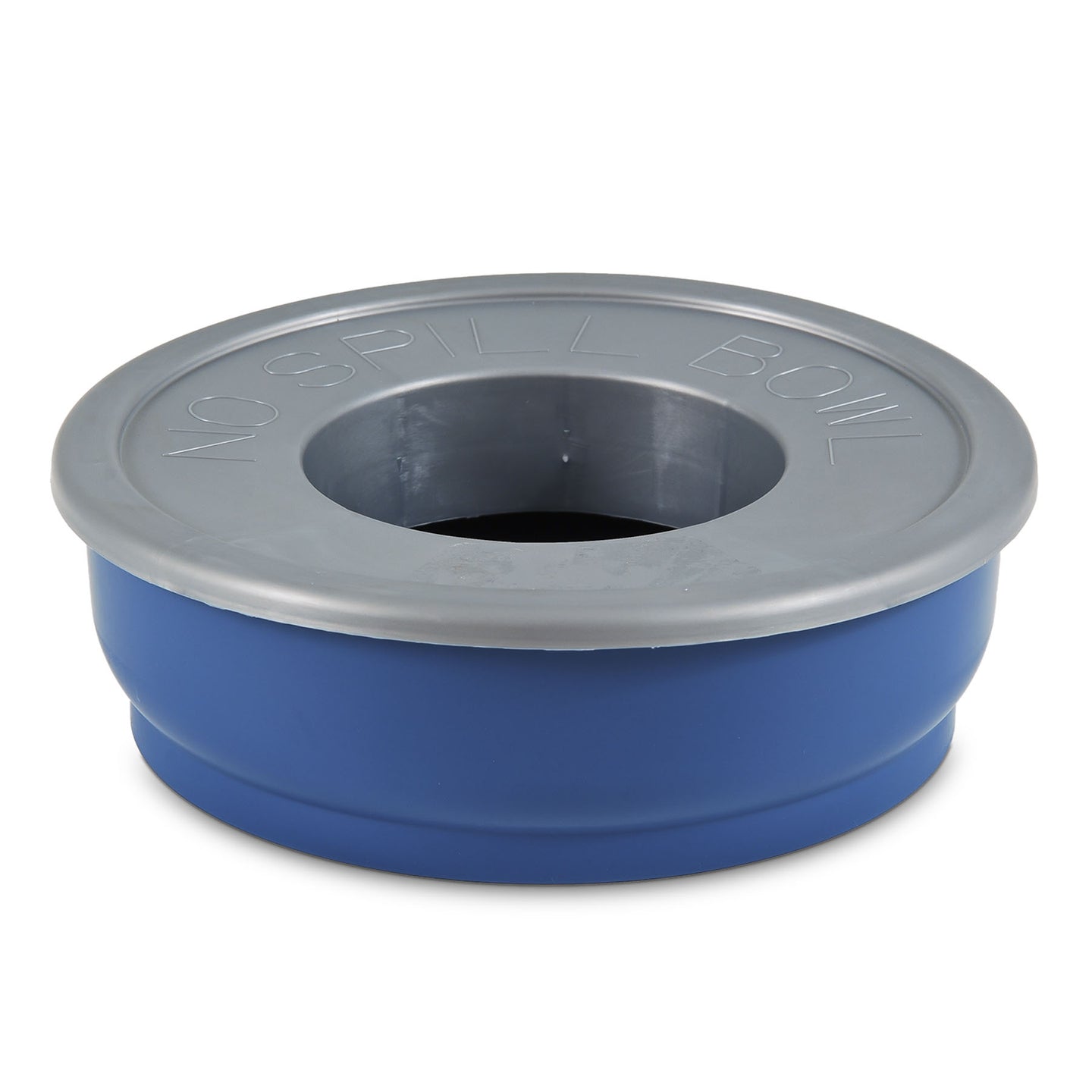 The Petmate No Spill Pet Bowl by Petmate is a blue, heavy-duty plastic water bowl with a gray rim, featuring NO SPILL BOWL embossed on the rim and a center hole, designed to prevent spills with its splash-proof design.