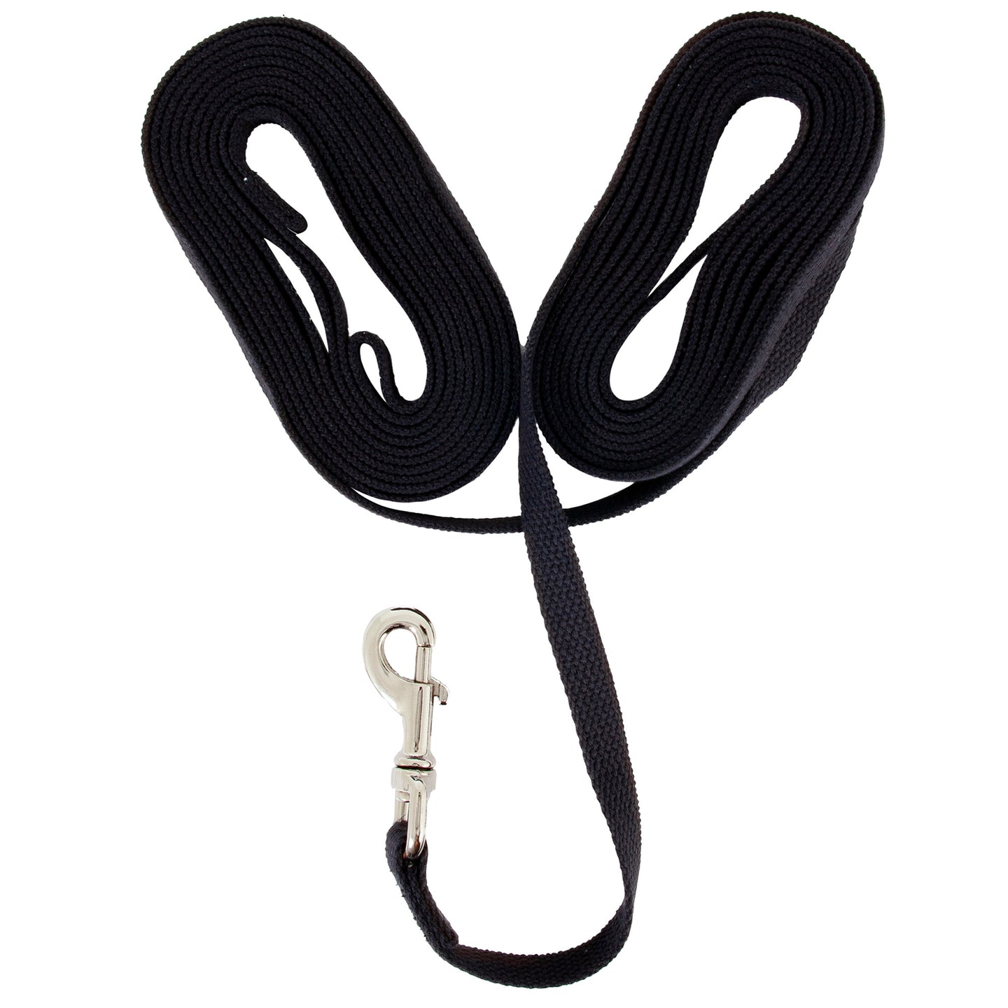 The Aspen Pet Cotton Training Dog Lead is a black coiled leash, recommended by professional pet trainers, featuring a sturdy metal clip. It is displayed in a symmetrical pattern on a white background.