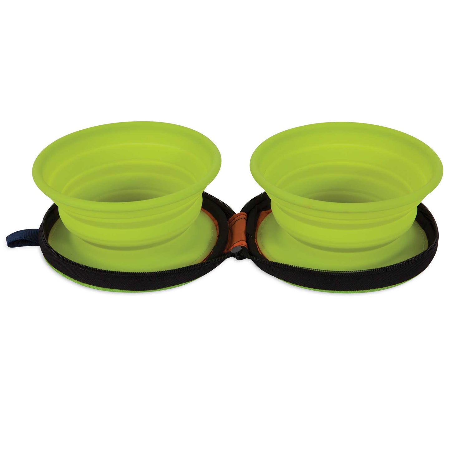 The Petmate Silicone Travel Bowl Duo, from the brand Petmate, includes two green collapsible pet bowls in a black zippered case, ideal for travel and showcasing top-quality pet accessories.