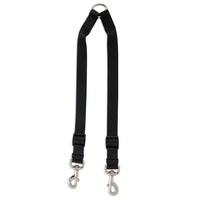 The Aspen Pets Petmate Take Two Nylon Coupler Dog Leash is a black nylon leash with two metal swivel clips and a sturdy center ring, ideal for easily walking two dogs at once.