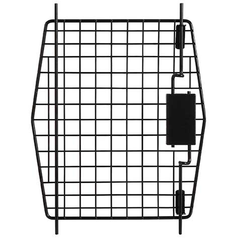Explore the Petmate 21 Sky Kennel Replacement Door, featuring a black metal wire mesh panel with a rectangular grid pattern. It meets IATA requirements and includes hinges and a rectangular lock mechanism on one side, with a symmetrical, slightly tapered shape for seamless fitting.
