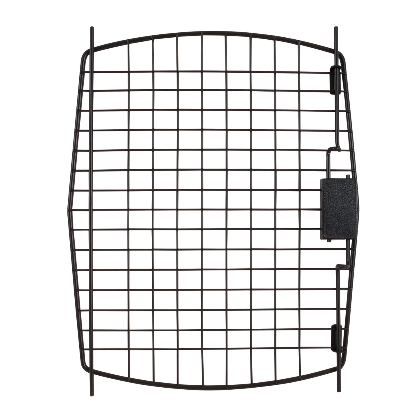 The Petmate Bargain Hound & Aspen Pet New Tradition Kennel Replacement Door, in a rectangular black metal grid design, has a right-side latch. Its horizontal and vertical bars create a mesh pattern, beautifully photographed on a white background.