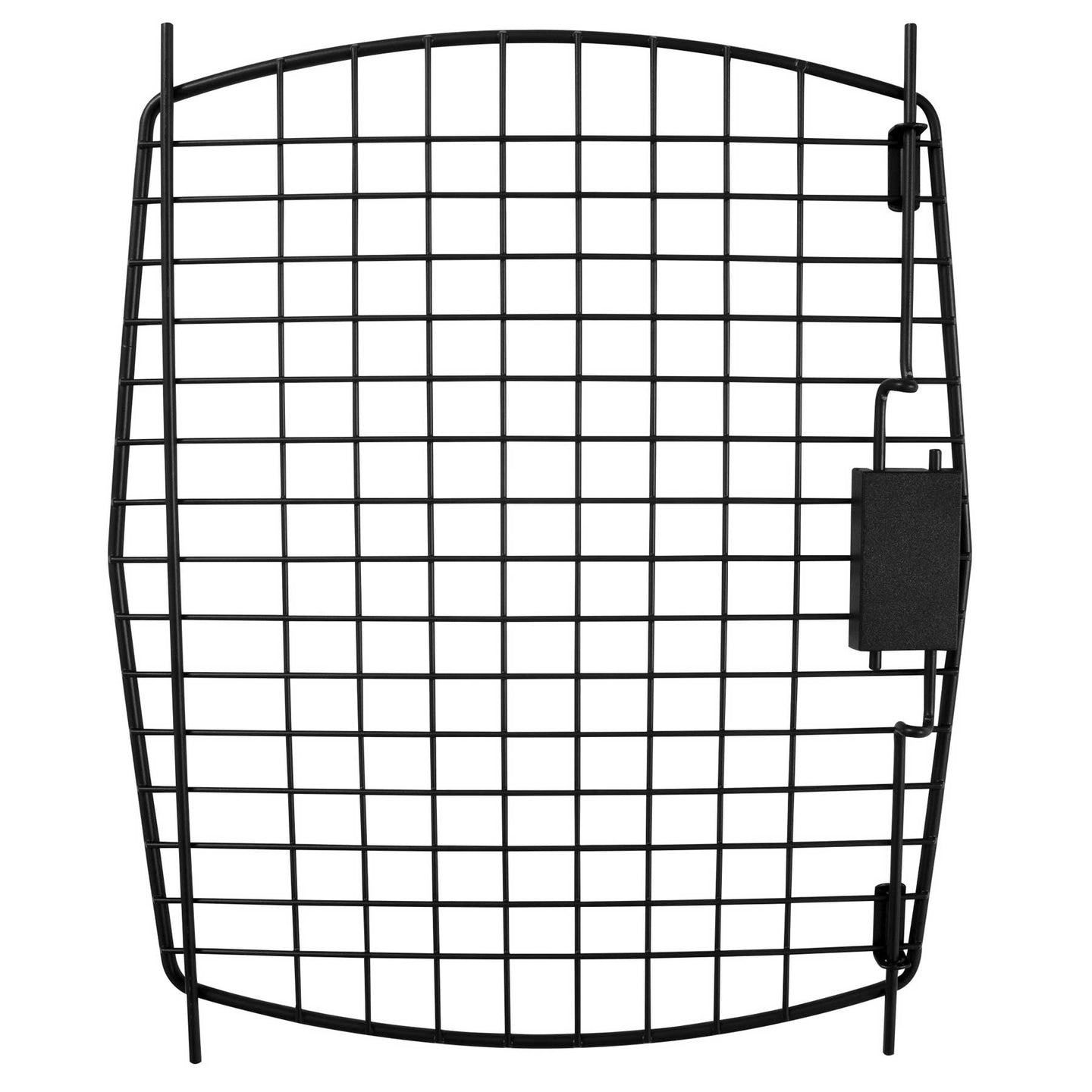 A black metal grid shelf with rectangular openings resembles a kennel door by Petmate, featuring a right protruding section. Its curved top and bottom, with intersecting lines, mimic the efficient design of Aspen Pet Porter crates.