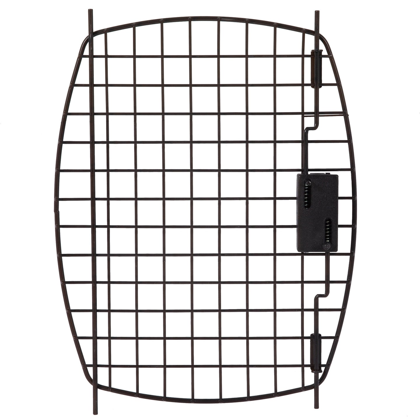 The Black Replacement Door for 24 Plastic Kennels by Petmate is a metal grid panel with curved edges, featuring a latch on the right side. It serves as an ideal replacement door and is set against a plain white background.