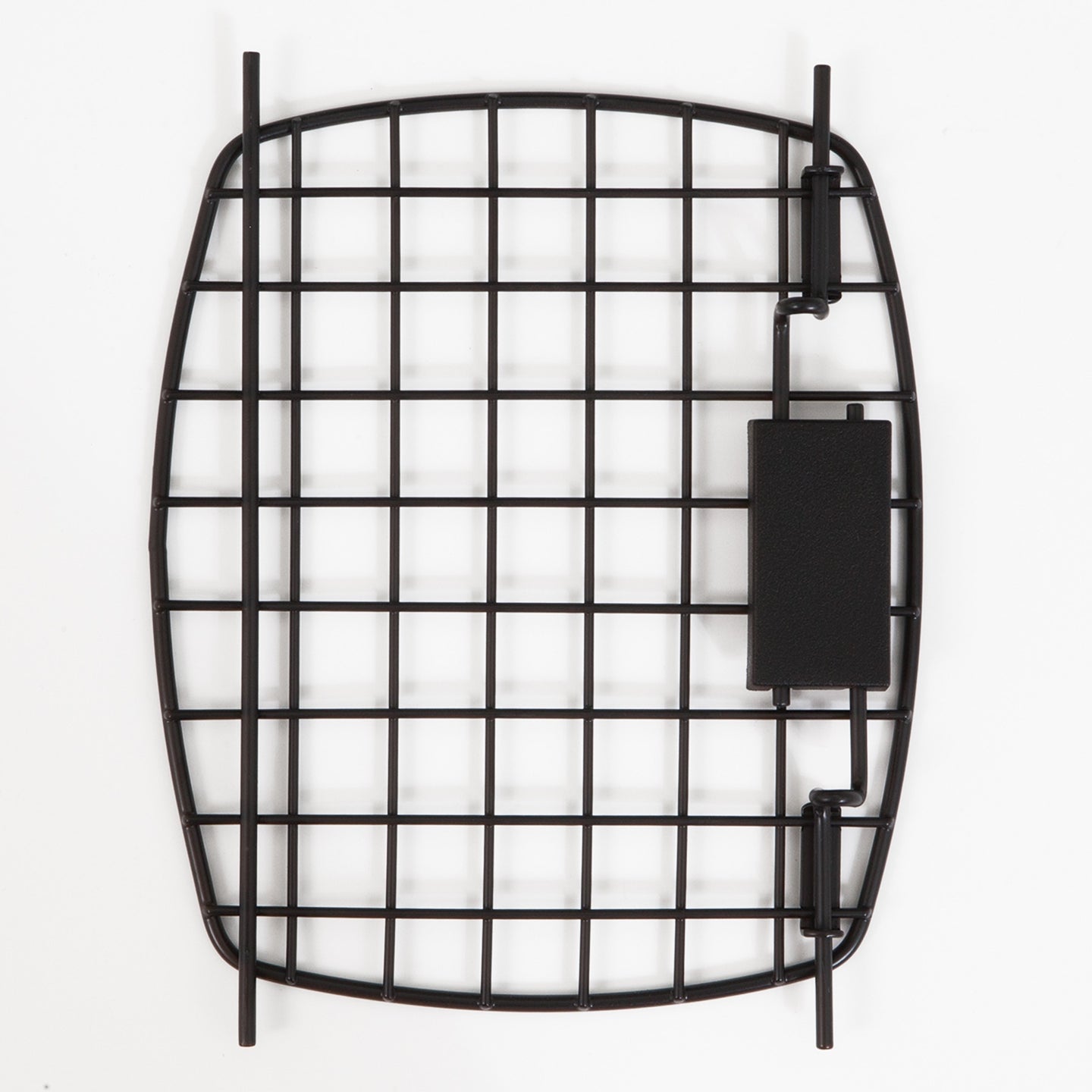 A black metal grid with a rectangular side handle on a white background looks like a Black Replacement Door For 26 Plastic Kennels by Petmate.