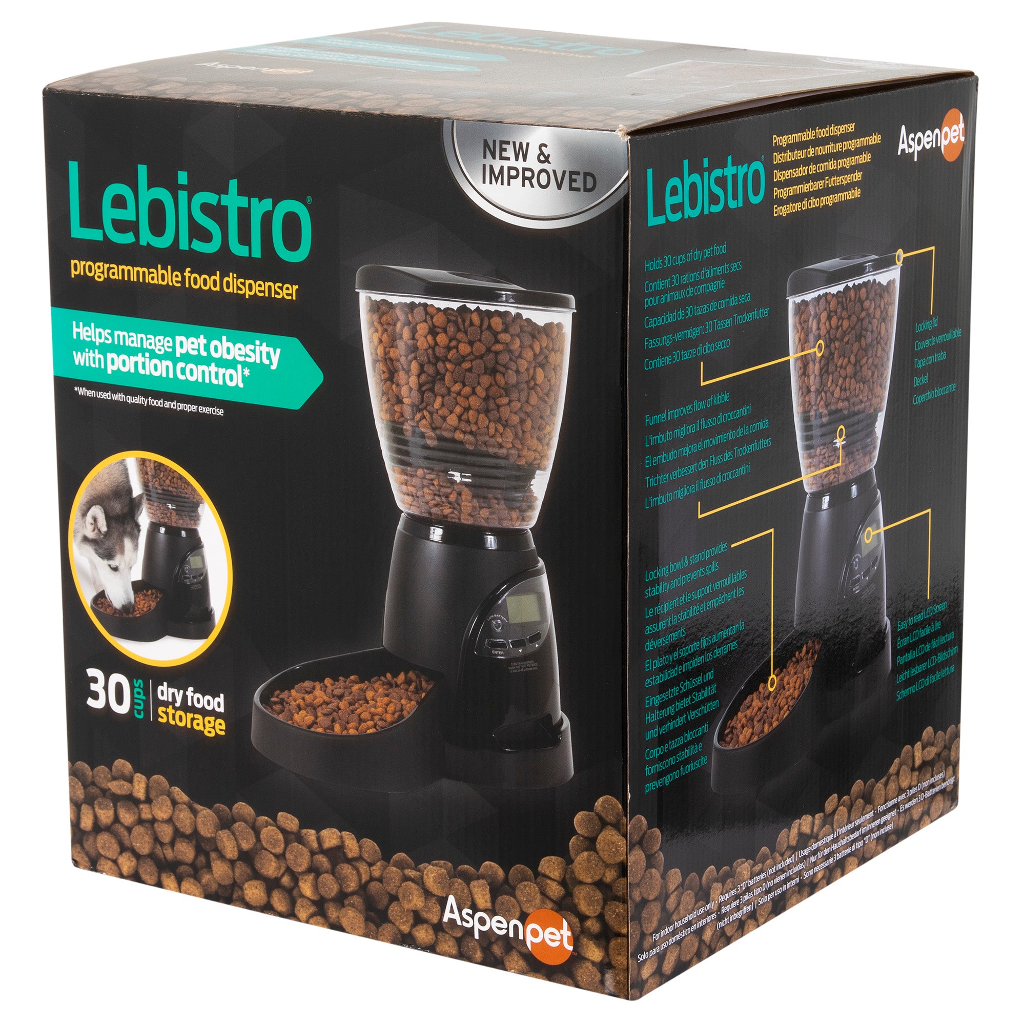 The Aspen Pet Lebistro Programmable Food Dispenser box highlights its automatic feeder with portion control and 30-pound dry food capacity, aimed at managing pet obesity, alongside images of the sleek dispenser.