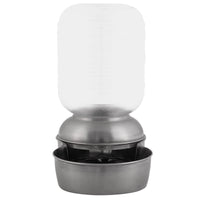 The Petmate Stainless Steel Replendish Waterer 1-Gal, recommended by vets, includes an upside-down large water bottle in a metal dispenser with a stainless steel round base, ideal for keeping your pet hydrated all day.