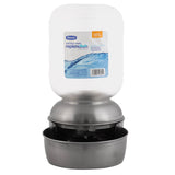 The Petmate Stainless Steel Replendish Waterer, a 1-gallon dispenser, features a large transparent jug on a metallic base with an integrated pet bowl. This vet-recommended product ensures your furry friends hydration is conveniently managed.