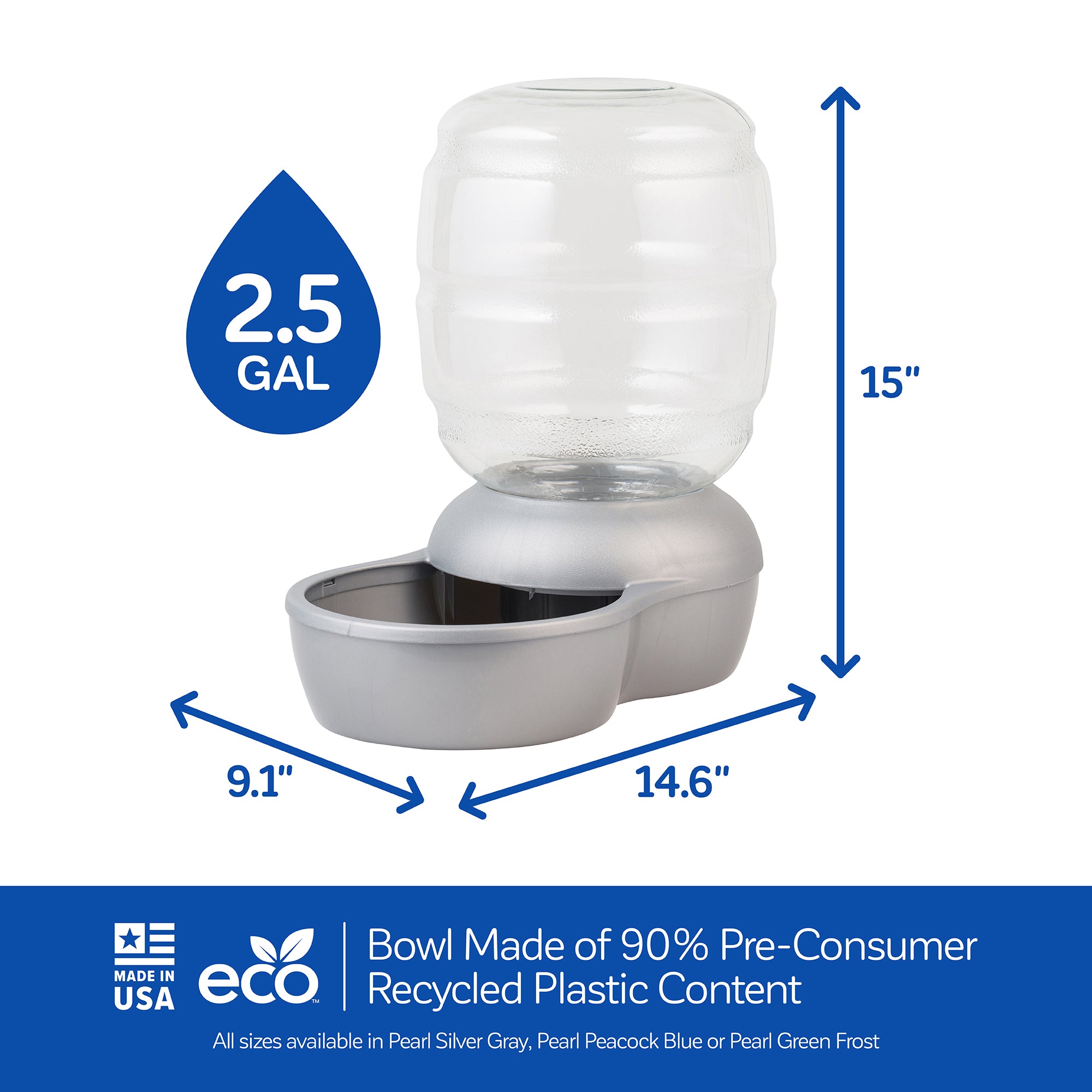 Introducing the Petmate Replendish Pet Waterer with Microban, a transparent 2.5-gallon water dispenser made with recycled plastic. Standing 15 inches tall, its eco-friendly design includes antimicrobial protection, making it practical and sustainable for pet owners.