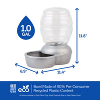 Introducing the Petmate Replendish Pet Waterer With Microban by Petmate, offering antimicrobial protection for cleaner hydration. This USA-made model includes a clear 1-gallon container on a stylish gray base, is crafted from 90% pre-consumer recycled plastic, and comes in various colors to match your style.