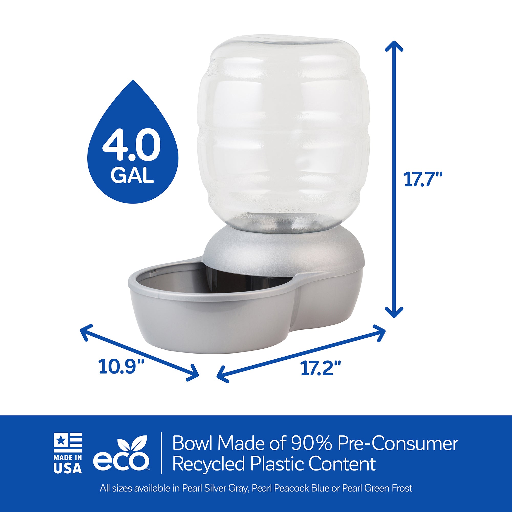 The Petmate Replendish Pet Waterer with Microban, made in the USA, features a clear tank on a gray base, measuring 10.9 x 17.2 x 17.7. It holds 4 gallons and is crafted from 90% recycled plastic with antimicrobial protection. It includes eco-friendly icons and is available in various colors.