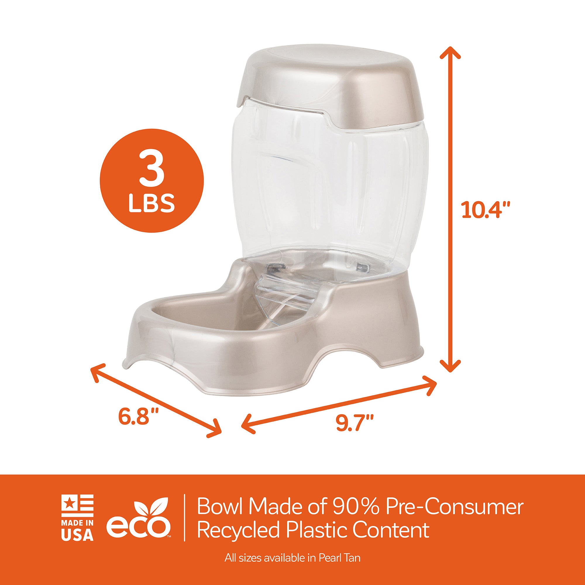 The image displays the Petmate Pet Cafe Feeder, measuring 10.4 inches tall with a hopper thats 6.8 inches wide by 9.7 inches deep, holding 3 lbs of food. It features a bowl made from 90% pre-consumer recycled plastic, with Made in USA and eco icons in Pearl Tan color.
