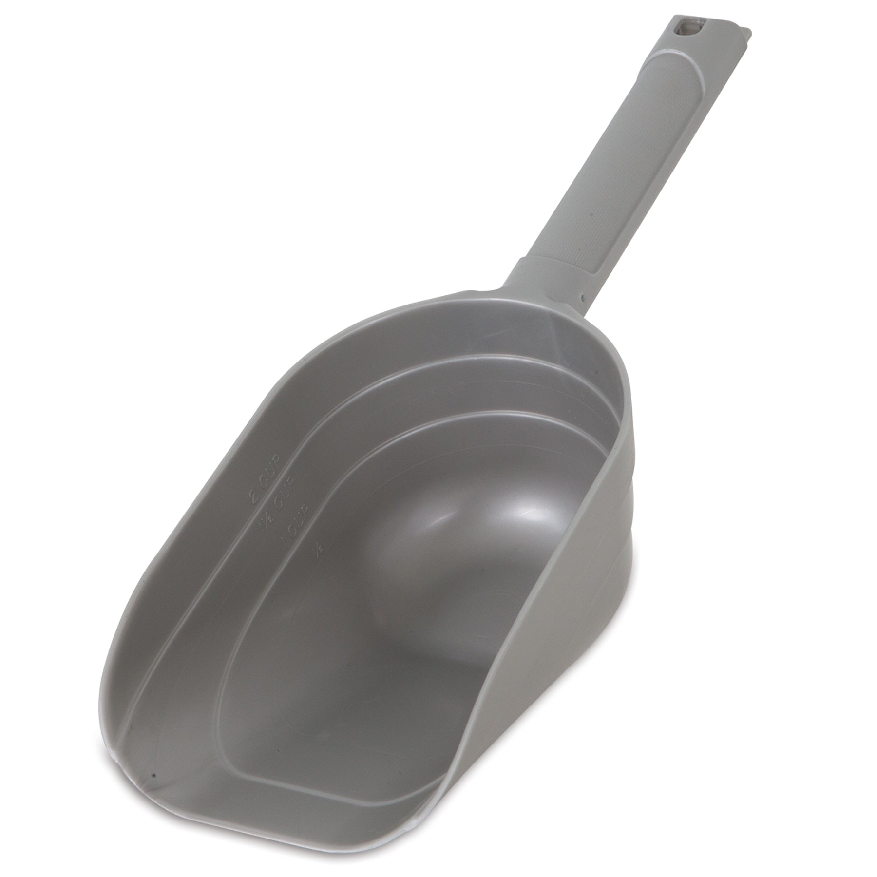 The Petmate Pet Food Scoop With Microban, by Petmate, is a gray plastic scoop with a long handle and deep basin for measuring grains or pet food. Featuring Microban antimicrobial protection, it offers cleanliness and durability against a white backdrop.
