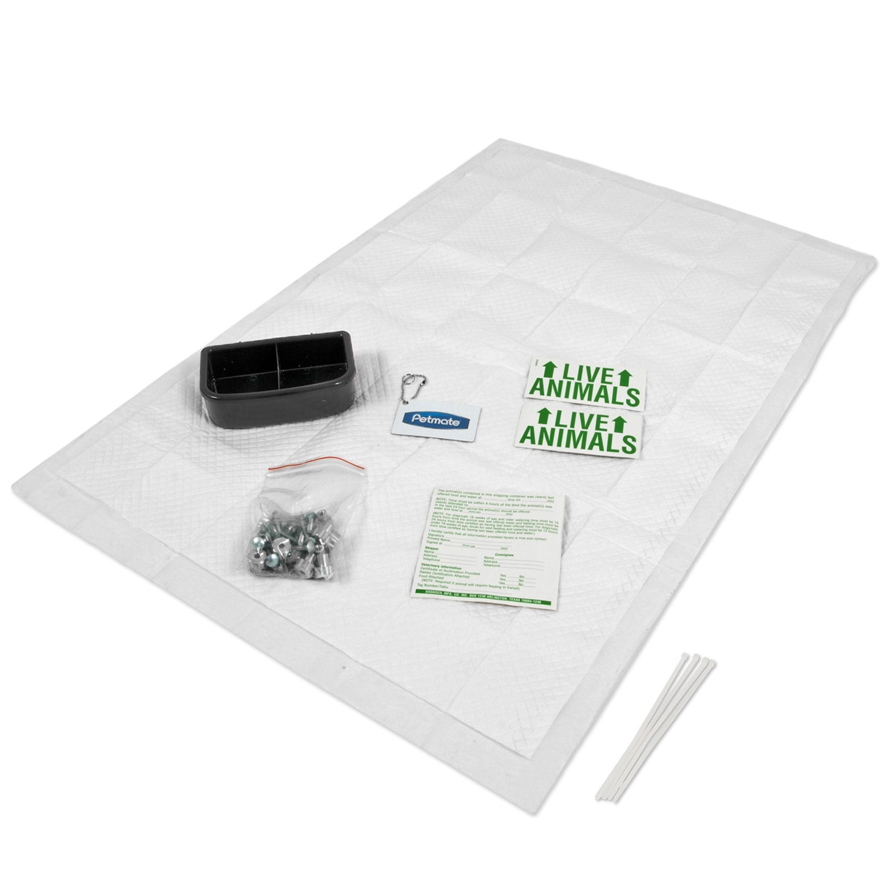 The Petmate Kennel Airline Travel Kit by Petmate is perfect for airline travel, including a cushioned pad, black plastic bowl, metal nuts and bolts, keychain, zipties, instructions, and two green Live Animals stickers.