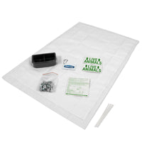 The Petmate Kennel Airline Travel Kit by Petmate is perfect for airline travel, including a cushioned pad, black plastic bowl, metal nuts and bolts, keychain, zipties, instructions, and two green Live Animals stickers.