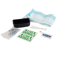 The Petmate Kennel Airline Travel Kit by Petmate is ideal for airline travel, including a black food and water container, absorbent pads, metal hardware, zip ties, two Live Animals stickers, and a Petmate tag to enhance your kennel accessories collection.