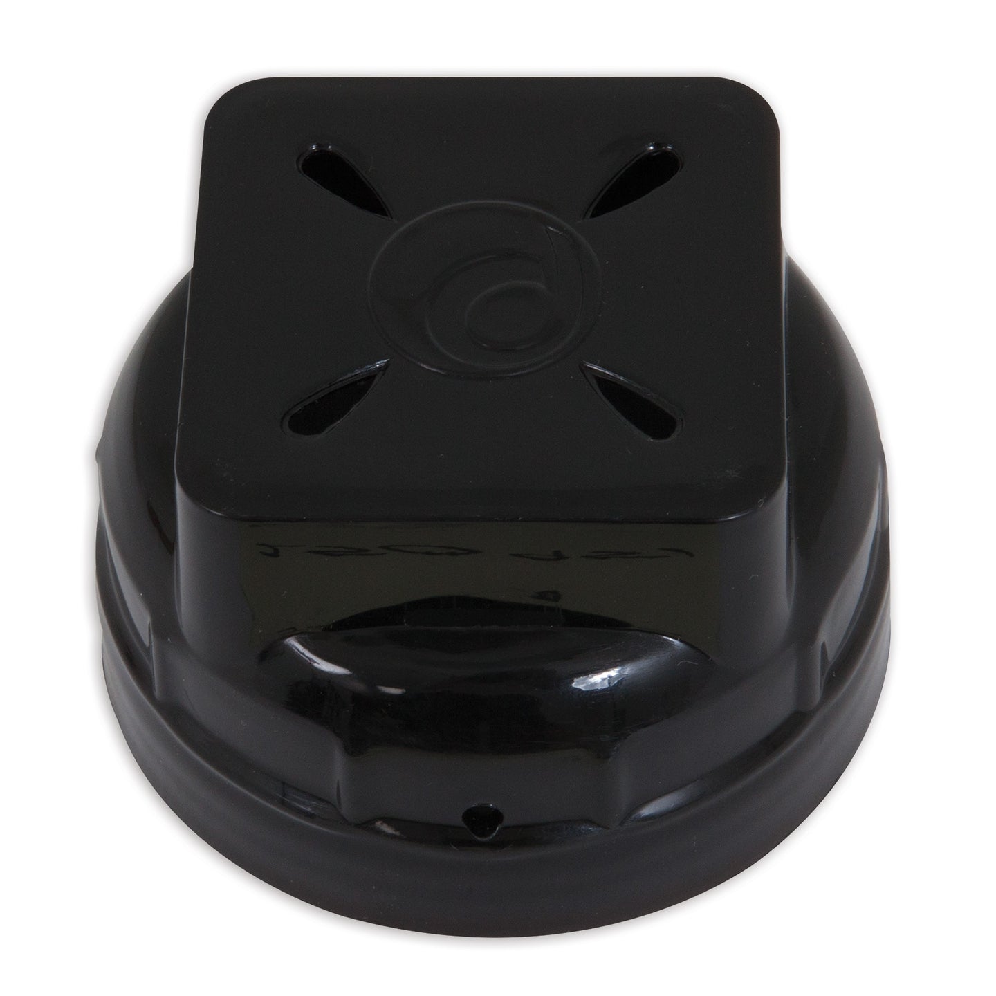 The Petmate Replendish Replacement Filter Cap/Lid X-Small & Small is a black, round cap with ribbed sides, square top, four teardrop vents, and a center logo—ideal as a waterer part or cap replacement for Replendish pet waterers.